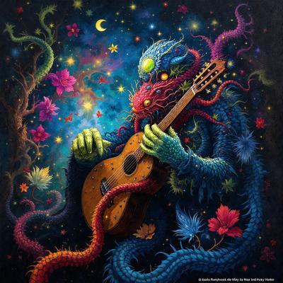 The primary subject of the image is a monster-like creature holding a guitar. The setting is a space with a backdrop of stars, creating a celestial atmosphere. The visual style is a digital art or illustration, with the monster and guitar being the main focus of the image. The colors are predominantly dark and vibrant, with the monster being predominantly green and the guitar being brown. The overall mood of the image is surreal and fantastical.